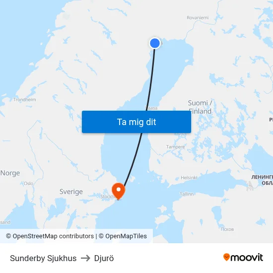 Sunderby Sjukhus to Djurö map