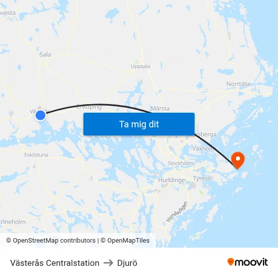 Västerås Centralstation to Djurö map