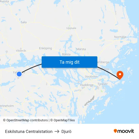Eskilstuna Centralstation to Djurö map