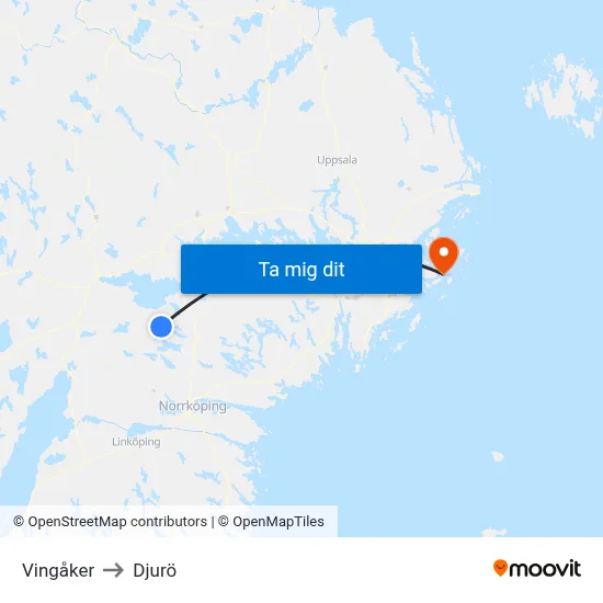 Vingåker to Djurö map