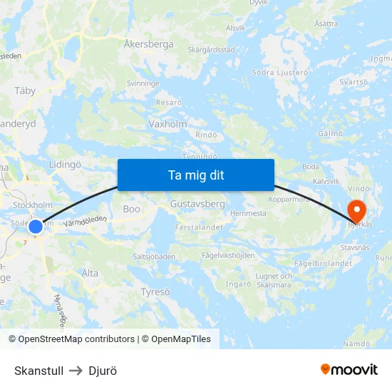 Skanstull to Djurö map