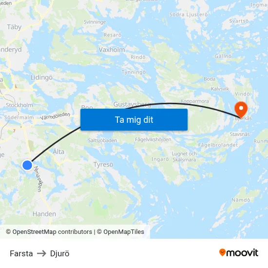 Farsta to Djurö map