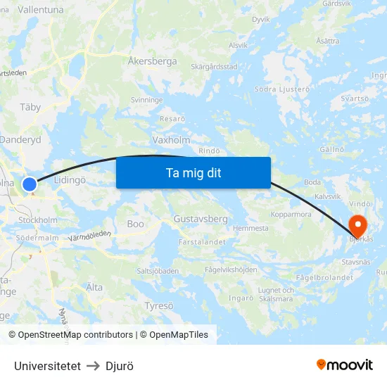 Universitetet to Djurö map