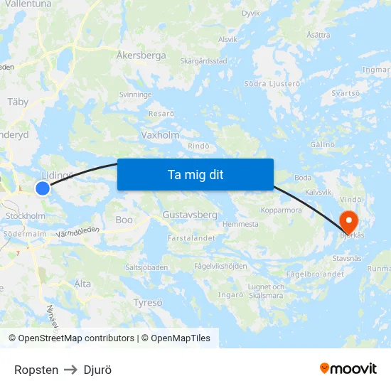 Ropsten to Djurö map
