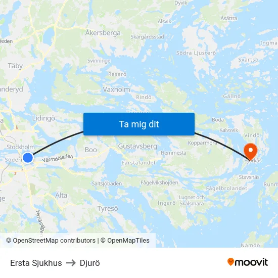 Ersta Sjukhus to Djurö map