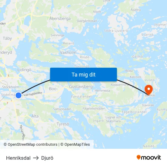 Henriksdal to Djurö map