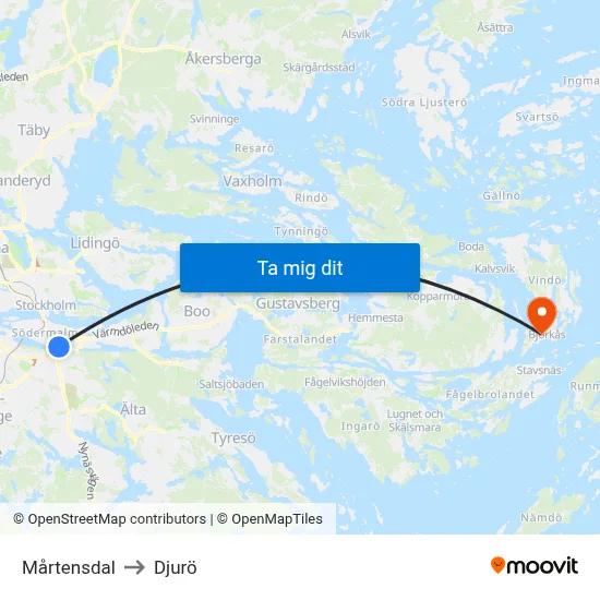 Mårtensdal to Djurö map