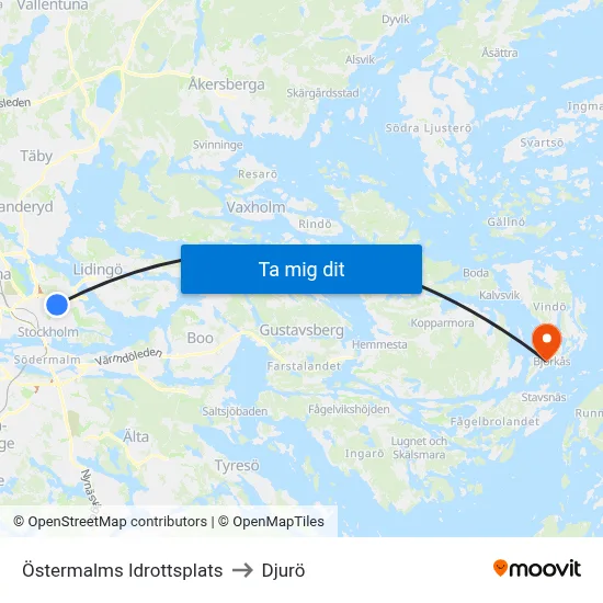 Östermalms Idrottsplats to Djurö map