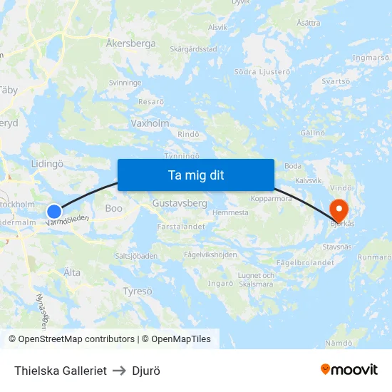 Thielska Galleriet to Djurö map