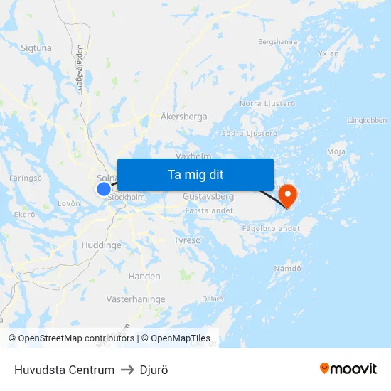 Huvudsta Centrum to Djurö map