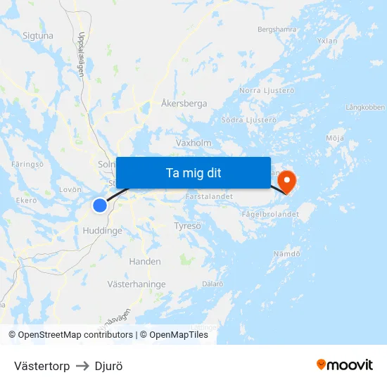 Västertorp to Djurö map