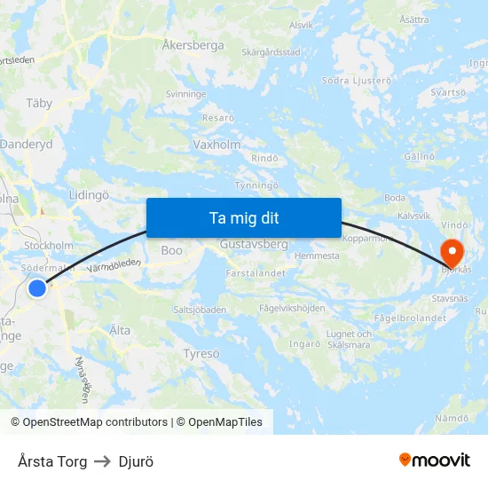 Årsta Torg to Djurö map
