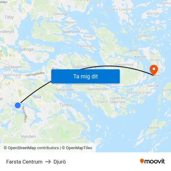 Farsta Centrum to Djurö map