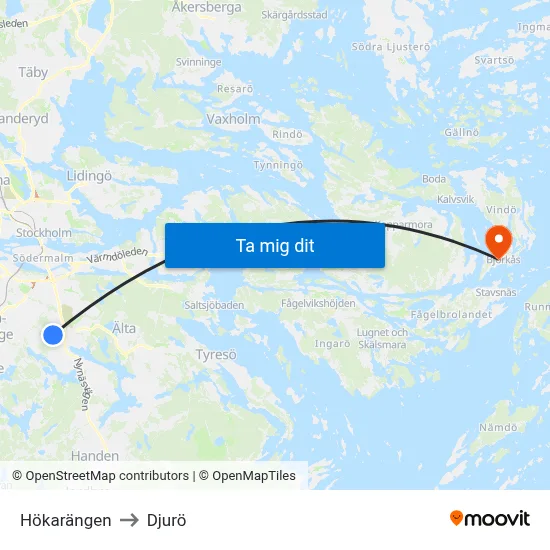 Hökarängen to Djurö map