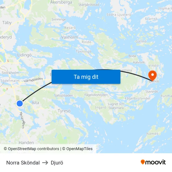 Norra Sköndal to Djurö map