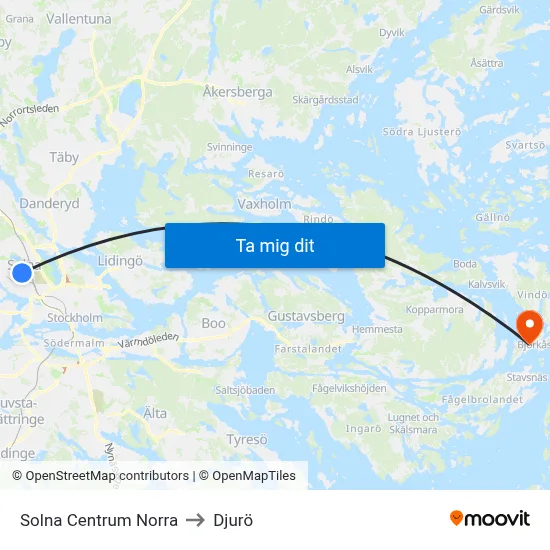 Solna Centrum Norra to Djurö map