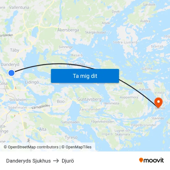 Danderyds Sjukhus to Djurö map