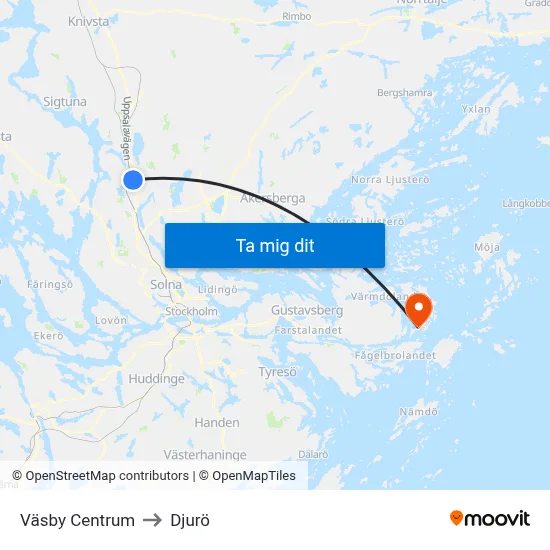 Väsby Centrum to Djurö map
