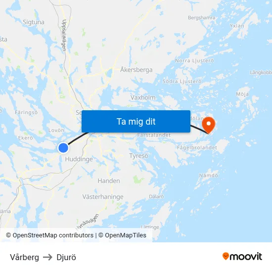 Vårberg to Djurö map