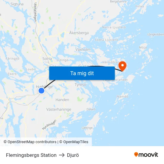 Flemingsbergs Station to Djurö map
