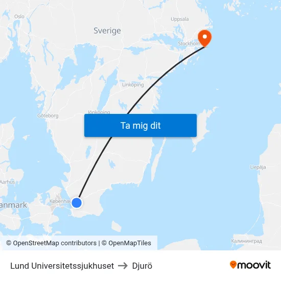 Lund Universitetssjukhuset to Djurö map