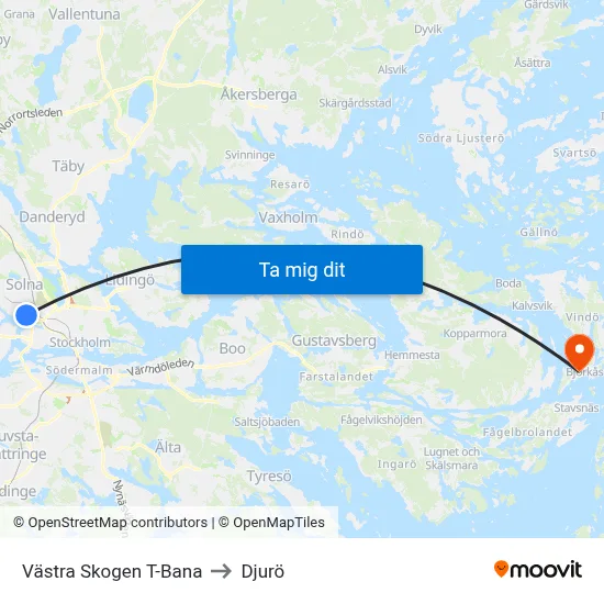 Västra Skogen T-Bana to Djurö map