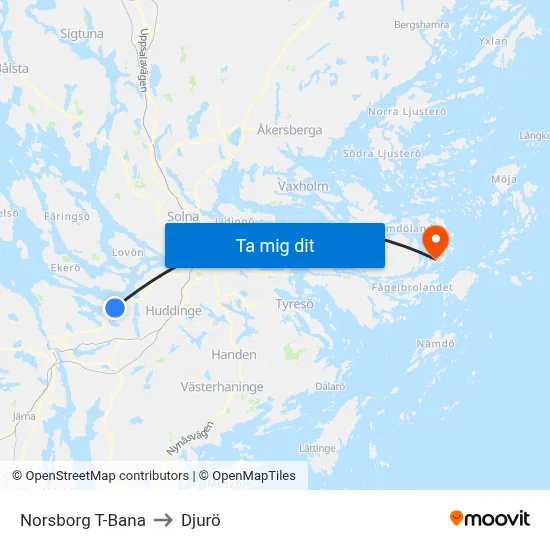 Norsborg T-Bana to Djurö map