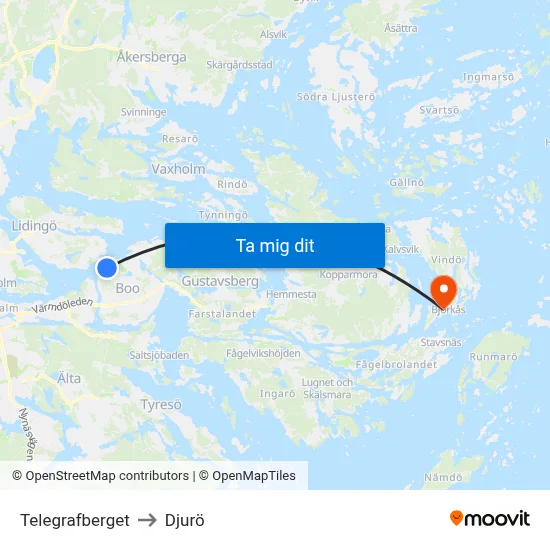 Telegrafberget to Djurö map
