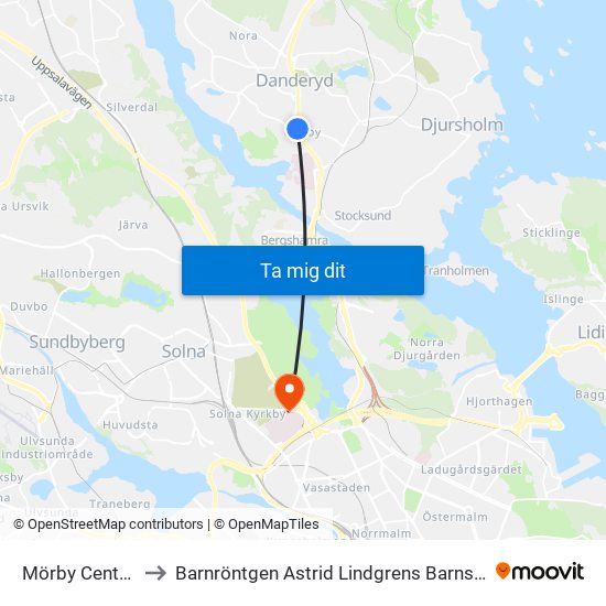 Mörby Centrum to Barnröntgen Astrid Lindgrens Barnsjukhus map