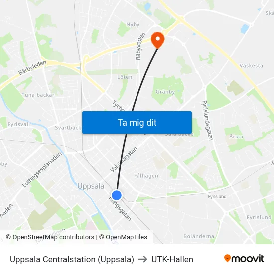 Uppsala Centralstation (Uppsala) to UTK-Hallen map
