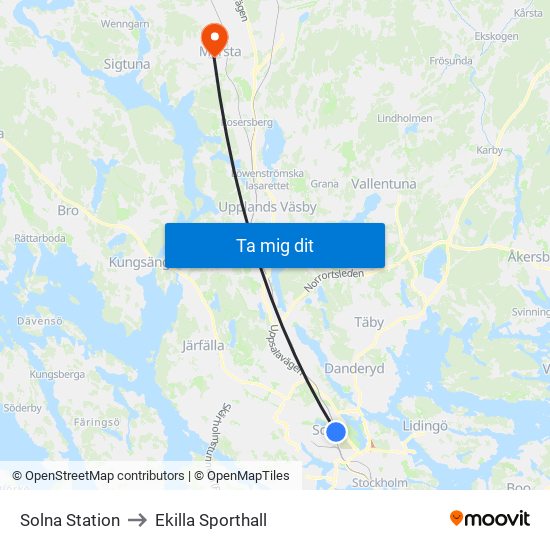 Solna Station to Ekilla Sporthall map