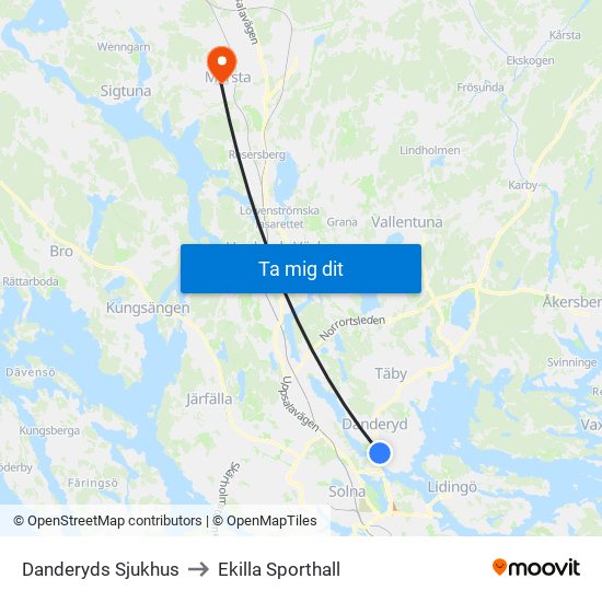 Danderyds Sjukhus to Ekilla Sporthall map