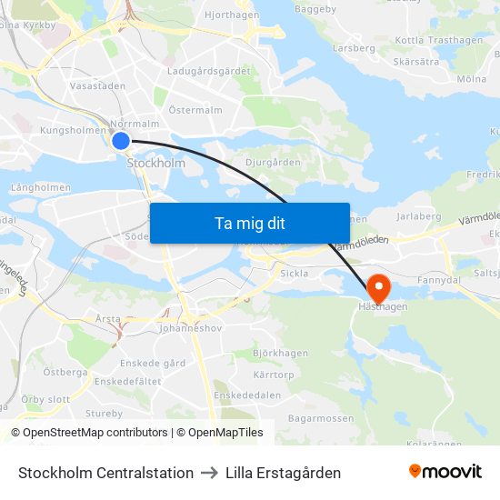 Stockholm Centralstation to Lilla Erstagården map