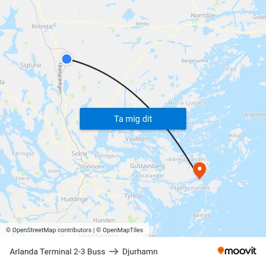 Arlanda Terminal 2-3 Buss to Djurhamn map