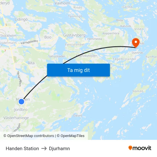 Handen Station to Djurhamn map