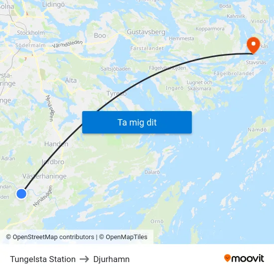 Tungelsta Station to Djurhamn map