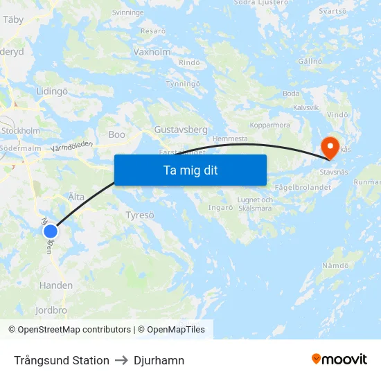 Trångsund Station to Djurhamn map