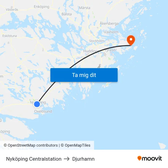 Nyköping Centralstation to Djurhamn map