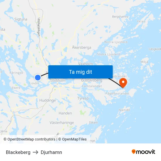 Blackeberg to Djurhamn map