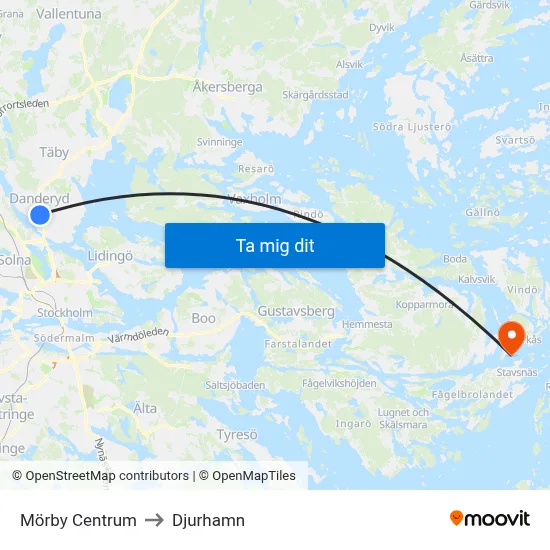 Mörby Centrum to Djurhamn map