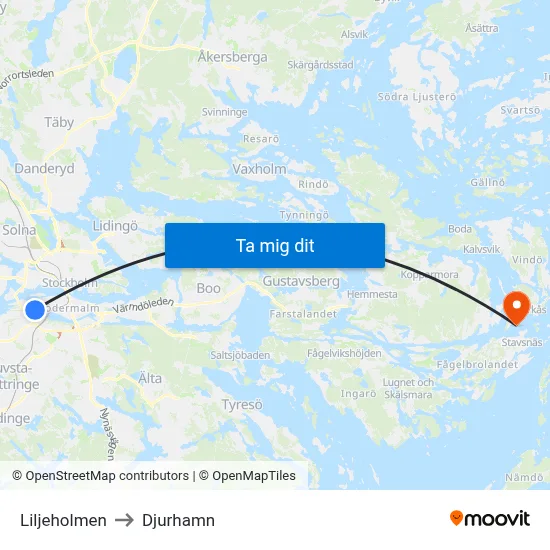Liljeholmen to Djurhamn map