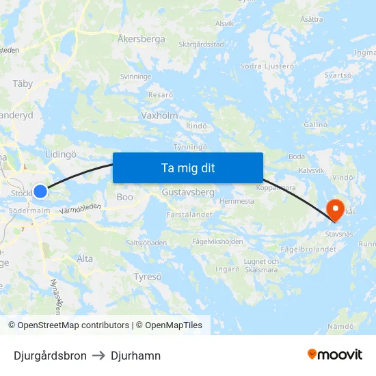 Djurgårdsbron to Djurhamn map