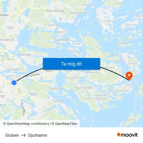 Globen to Djurhamn map