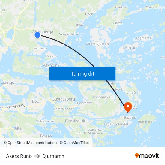 Åkers Runö to Djurhamn map