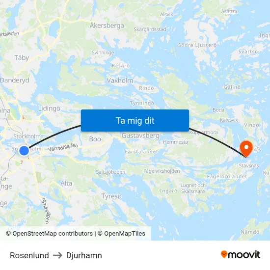 Rosenlund to Djurhamn map