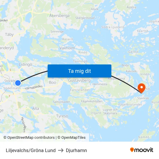 Liljevalchs/Gröna Lund to Djurhamn map