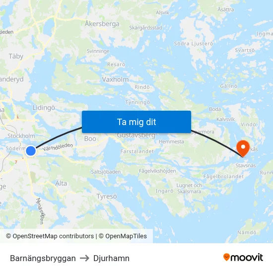 Barnängsbryggan to Djurhamn map