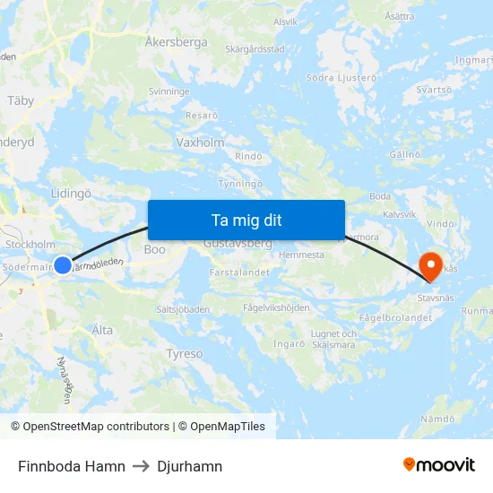 Finnboda Hamn to Djurhamn map