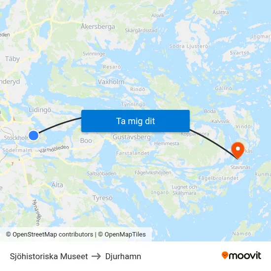Sjöhistoriska Museet to Djurhamn map