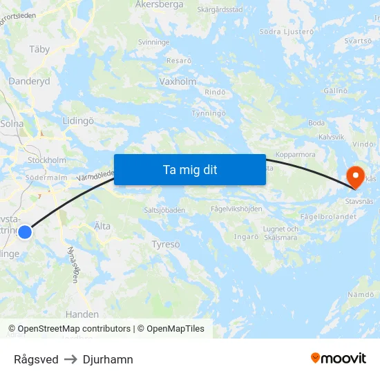 Rågsved to Djurhamn map